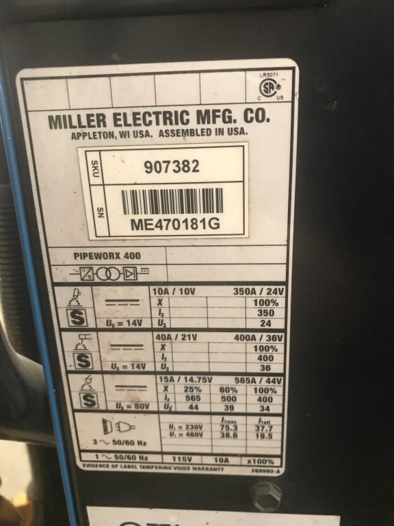 Miller Pipeworx 400 Welding System, Machine ID: 7721